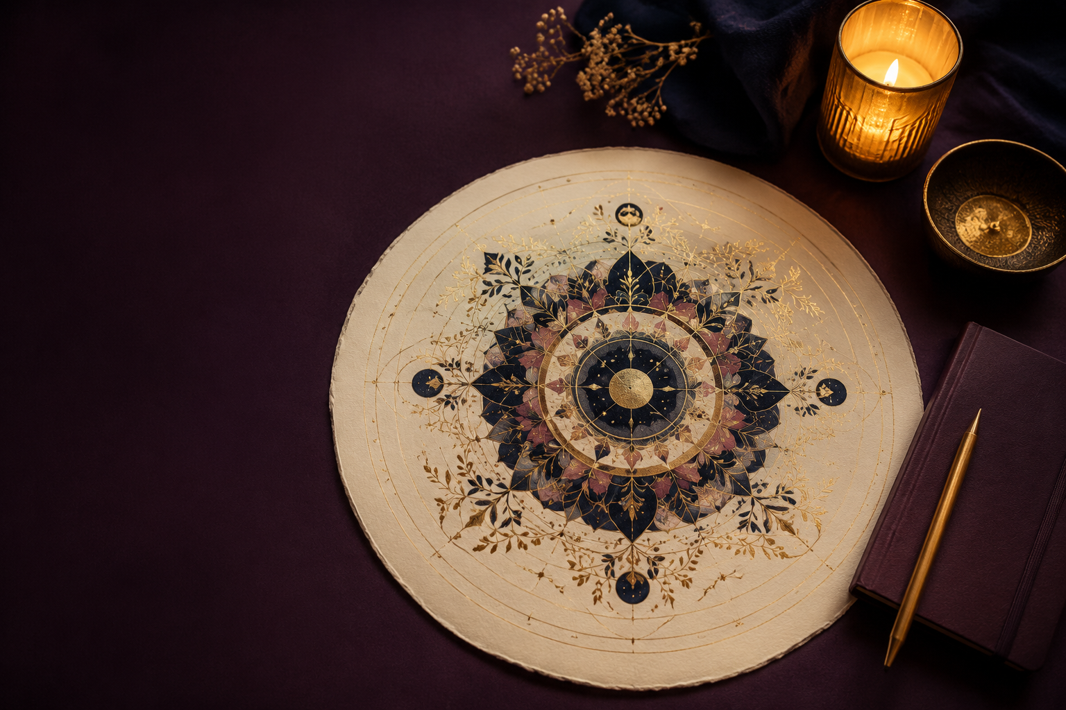 An intricate gold and indigo mandala arranged for a quiet creative ritual